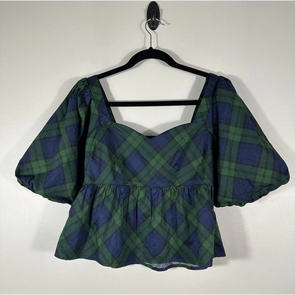 Old Navy Blackwatch Plaid Peplum Top Womens XS Short Puff Sleeve Cotton NWT